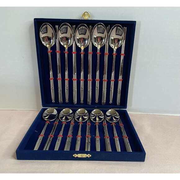 Vtg  Stainless Steel Soup Spoons &  Chopsticks Velvet Case Set of 10 Each - Picture 2 of 11